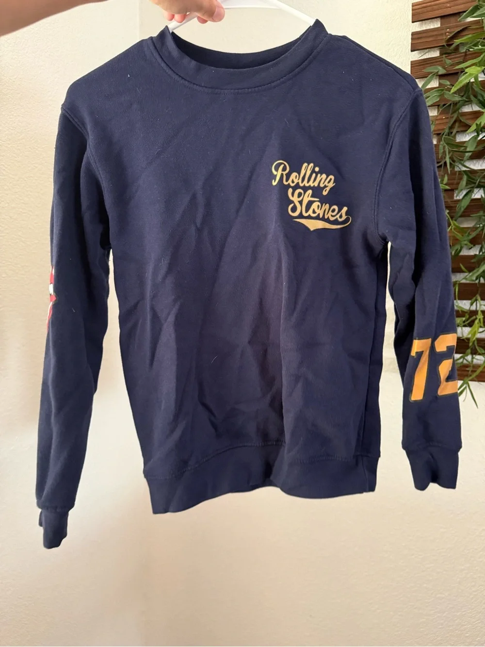 the Rolling Stones Navy Sweatshirt with Gold Script and Sleeve '72